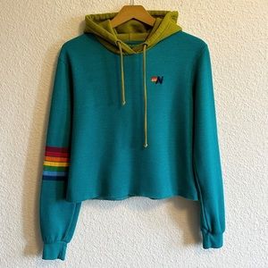 Aviator Nation Rainbow Stripe Crop Hoodie Sweatshirt Teal Green Women’s S